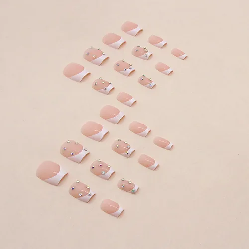 Vista 3 de Uñas postizas cuadradas cortas de color nude, uñas postizas francesas blancas con diseño de diamantes de imitación, uñas brillantes a presión