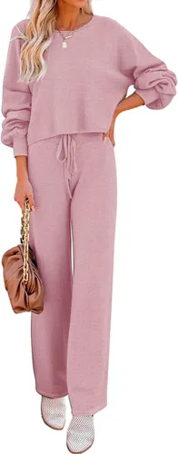 Ekouaer Conjunto de pijama de punto para mujer, 2 piezas, acogedor suéter de manga larga y pantalones de pierna ancha