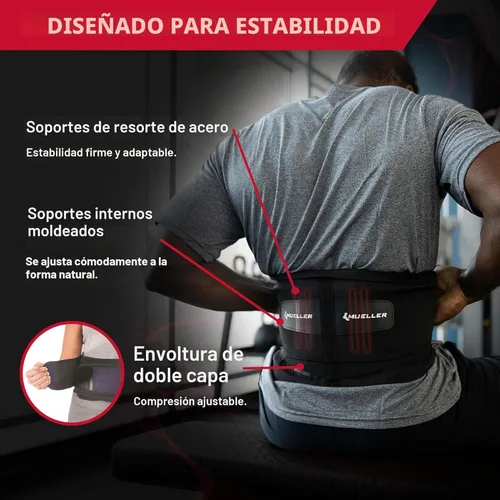 Vista 5 de MUELLER Sports Medicine Lumbar Back Brace with Removable Pad, Ideal for Upper and Lower Back Pain, Relief & Support for Men and Women, Strains