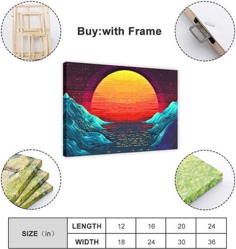 Vista 2 de Original Retro Wave at Sunset Painting Art on Canvas, Magical Sun Printing Canvas Sets, Pixeles Graphics Canvas Wall Art Print Poster For Home