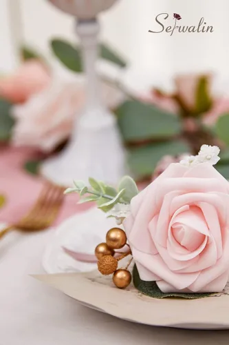 Vista 6 de Serwalin Flores artificiales, rosas polvorientas, flores de seda falsas para bricolaje, ramos de novia, rosas falsas rosas, combinados, centros