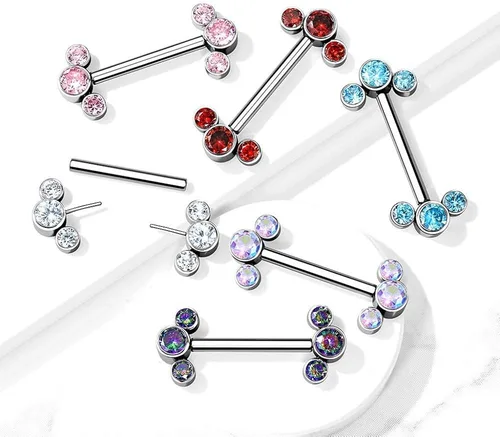 Vista 3 de Pierced Owl - 14G G23 Implant Grade Titanium Threadless Push-in Triple Bezel Set CZ Crystal Ends Nipple Barbells, Sold as a Pair