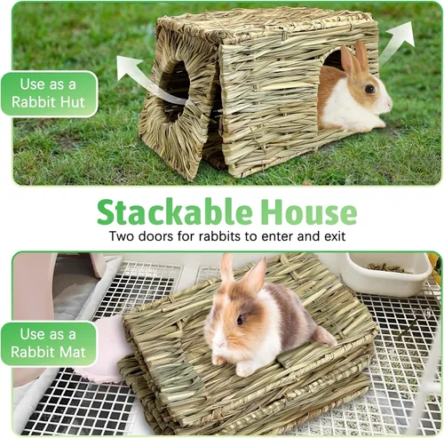 Vista 4 de Rabbit Grass House - Cama de heno tejida a mano natural de hierba marina, juguete de cabaña escondida para conejito, hámster, conejillo de indias