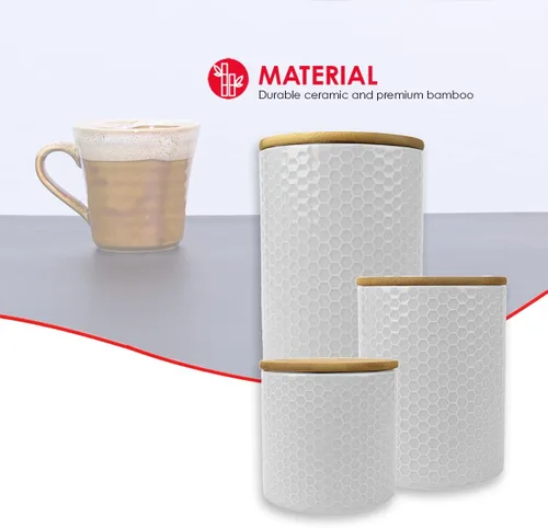 Vista 3 de Home Basics Honeycomb - Juego de recipientes de cerámica de 3 piezas, color blanco