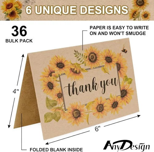 Vista 2 de AnyDesign Paquete de 36 tarjetas de agradecimiento de girasol Kraft surtidas a granel de primavera y verano, tarjetas de notas en blanco