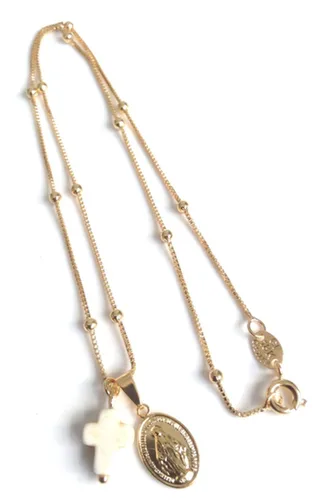 Vista 9 de Cross Necklace 18k Gold Plated Miraculous Medal 18 Inches Chain Medalla Virgen de la Milagrosa