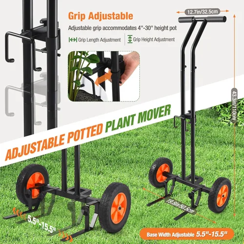 Vista 4 de Carrito de plantas con ruedas, carrito de plantas resistente con brazo de agarre ajustable y ventosas para macetas, carrito de mudanza de macetas