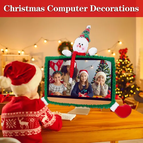 Vista 6 de Cubierta elástica para monitor de computadora de Navidad, decoración elástica de Navidad, borde de monitor de computadora de renos, cubierta