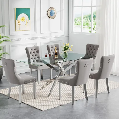 Vista 76 de HomVent Juego de mesa de comedor rectangular de vidrio de 7 piezas, juego de mesa de comedor de vidrio templado para 6, juego de mesa de cocina