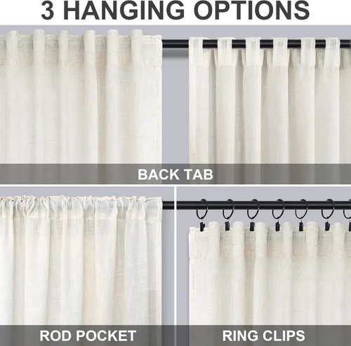 Vista 4 de Cortinas de lino crema de 102 pulgadas de largo para sala de estar, dormitorio, 2 paneles con bolsillo con pestaña trasera, filtro de luz, cortina