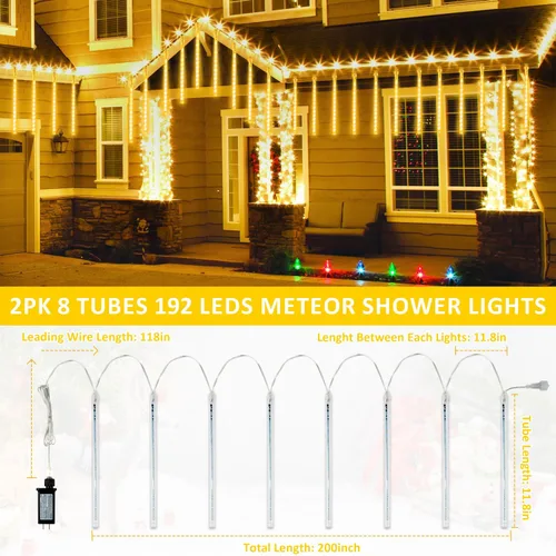 Vista 5 de SANJICHA Paquete de 2 luces de Navidad extensibles de lluvia de meteoritos al aire libre, 16 tubos 384 LED enchufables para decoración de Navidad
