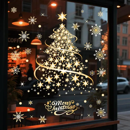 Decoraciones de Navidad para ventana, árbol de Navidad dorado, copos de nieve, calcomanías de doble cara, decoración de ventana, pared, puerta,