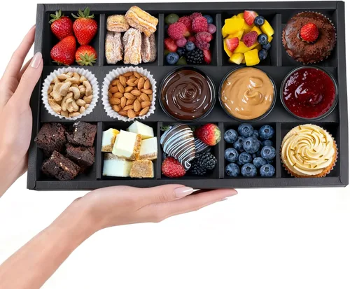 Vista 11 de Bandeja desechable de 8 compartimentos con tapas, 10 unidades de bandeja de cartón dividida negra con soporte para salsa de tomate para 4-8 personas