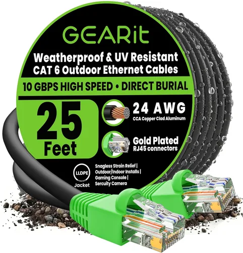 Vista 24 de GEARit - Cable Ethernet RJ45 Cat6 de exterior, velocidad transferencia 10 Gpbs, conector chapado en oro, recubierto de cobre, resiste rayos UV, Negro