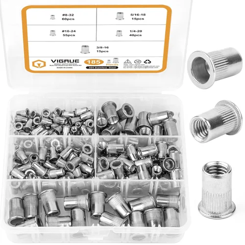 Surtido de tuercas remachables SAE, VIGRUE 185 piezas #8-32#10-24 1/4"-20 5/16"-18 3/8"-16 304 Tuercas de inserción roscadas de acero inoxidable