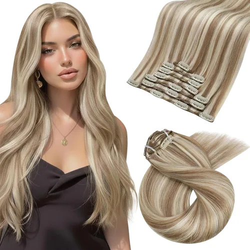 Vista 23 de Moresoo Extensiones de cabello humano con clip, balayage, color marrón oscuro a marrón dorado con clip, extensiones de cabello humano con clip, 5
