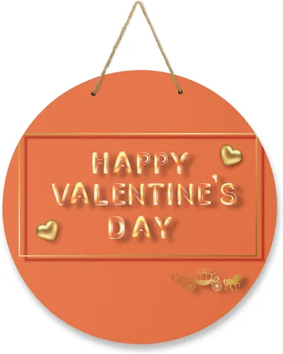Seasonal Front Door Welcome Sign, Valentine's Day Love Heart Orange Round Wood Wreaths Wall Hanging Sign for Outdoor Porch Wall Pediments Home Decor