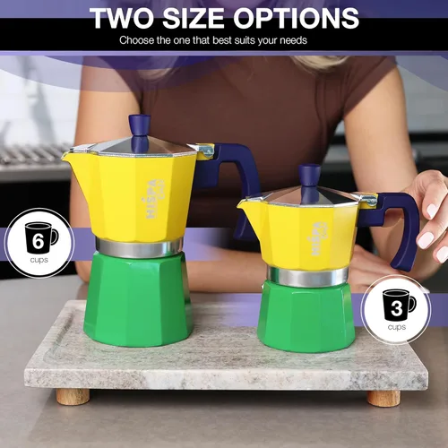 Vista 5 de Cafetera de café expreso para estufa, 3 tazas de café expreso (6 onzas), aluminio, plata, verde, azul y amarillo, con temática brasileña, cafetería