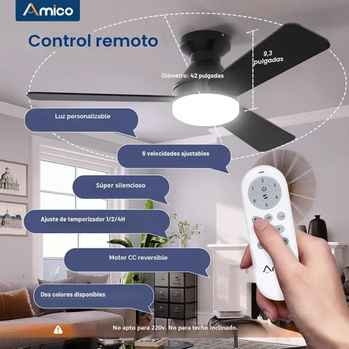 Vista 2 de Ventiladores de techo Amico con luces, ventilador de techo de perfil bajo de 42 pulgadas con luz y control remoto, montaje empotrado, reversible