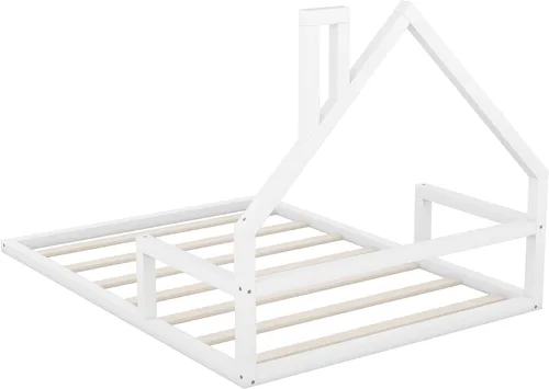 Vista 8 de Harper & Bright Designs Cama de suelo de tamaño matrimonial con cabecera en forma de casa, marco de cama Montessori, cama de plataforma, cama