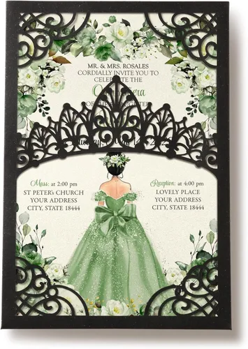 Vista 11 de 50 invitaciones de quinceañera con corona negra perlada cortada con láser Invitaciones de cumpleaños florales burdeos para Sweet 16/Miss XV