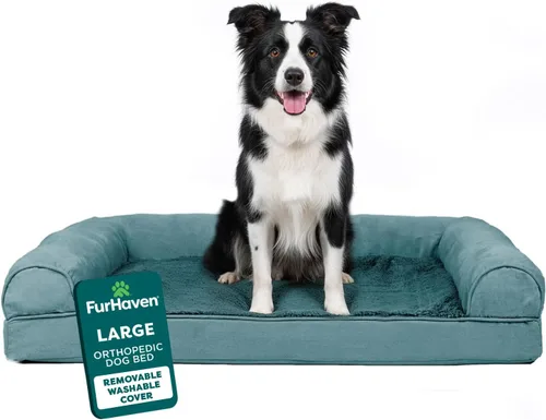 Vista 18 de FurHaven - Cama ortopédica de espuma estilo sofá para perros con funda lavable y extraíble - Felpa/Gamuza - Almendra, para perros de hasta 35 libras