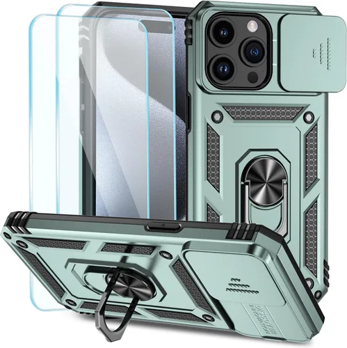 Vista 5 de SunStory Funda compatible con iPhone 15 con protector de pantalla HD, cubierta de cámara deslizante y soporte de anillo giratorio, [grado militar]