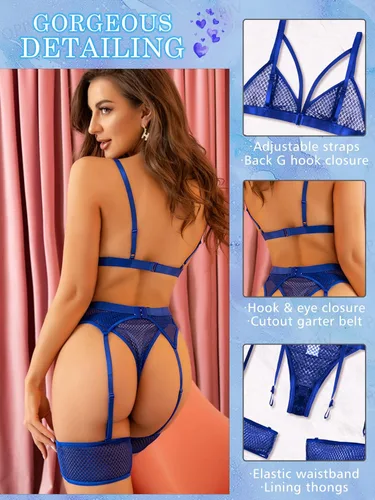 Vista 2 de popiv Conjunto sexy de lencería de red para mujer, conjunto de brasier y bragas de encaje con liguero, 4 piezas