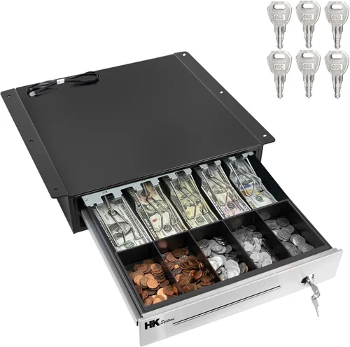 Vista 2 de HK SYSTEMS Cajón de efectivo POS negro resistente de 16 "acero inoxidable" con 5Bill/5Coin con soporte de metal de montaje debajo del mostrador