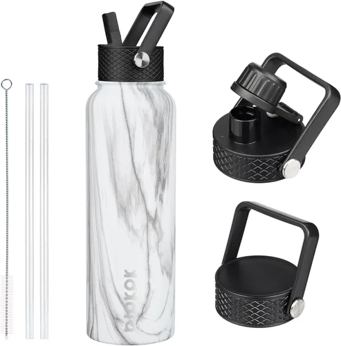 Vista 12 de BJPKPK - Botellas de agua aisladas con tapa de popote, botellas de agua de acero inoxidable de 40 onzas con 3 tapas, termo a prueba de fugas sin