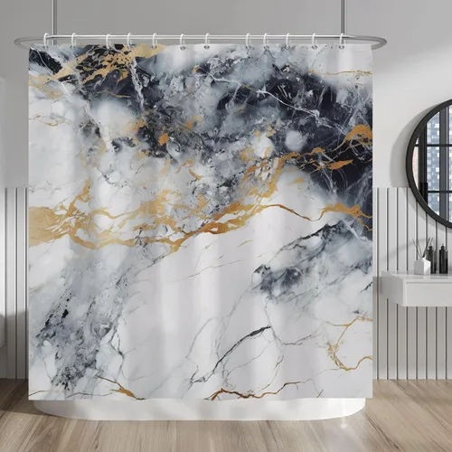 Vista 268 de Baocicco Cortina de ducha de mármol azul abstracto a rayas, decorativa, textura de lujo, línea moderna, decoración de acuarela, juego de cortinas