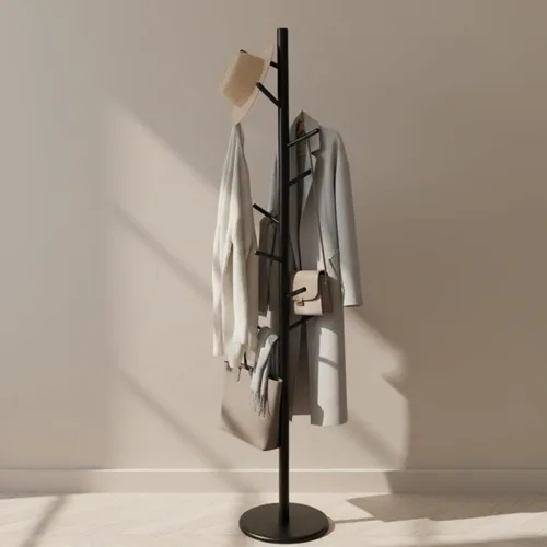 Vista 10 de Perchero y soporte de madera maciza, colgador de ropa independiente con 8 ganchos y 3 alturas ajustables, perchero, soporte para sombreros, Natural