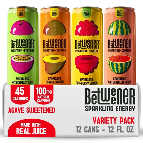 Betweener Sparkling Energy Seltzer, agua con gas con jugo real y 100 mg de cafeína, ligero y refrescante, L-teanina para concentración, vitaminas