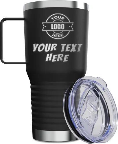 Taza de viaje de acero inoxidable personalizada con texto con asa, regalos grabados personalizados para él, ella, 20 onzas (negro)