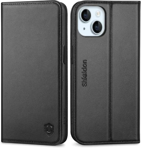 SHIELDON Funda para iPhone 15 6.1" 2023, Funda Tipo Cartera de Cuero Genuino con [Soporte] [Tarjetero con Bloqueo RFID] [Magnética] Cubierta de