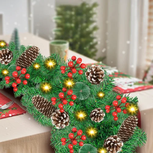 Vista 3 de Guirnalda de Navidad con luces: guirnalda iluminada de 9 pies con conos de pino bayas rojas, decoración navideña interior y exterior para chimenea