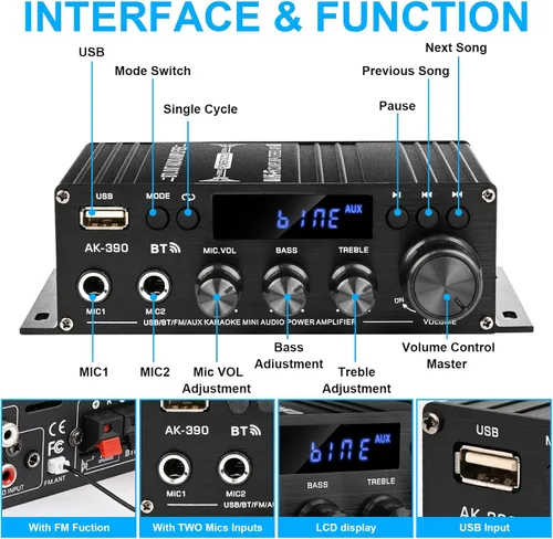 Vista 2 de Romicta Amplificador de Audio Estéreo, 2.0 CH Mini HiFi Estéreo AMP Bluetooth 5.0 Receptor con Amplificador de 400W+400W, FM, AUX, USB, Entrada