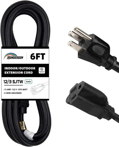 Vista 2 de Cable de extensión resistente a la intemperie, listado UL, calibre 10, 3 pies, negro, 3 clavijas, trabajo pesado, 10/3 SJTW 15A cable