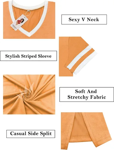 Vista 3 de VISLILY Womens Plus-Size Tops V Neck Summer T Shirts Striped Short Sleeve Tunic Tee