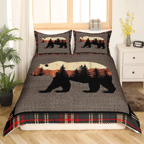 Vista 25 de Funda de edredón rústica tamaño Queen, juego de ropa de cama retro para cabaña de cabaña, oso de caza, ciervo, hojas de arce, funda de edredón