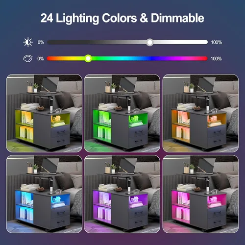 Vista 5 de HNEBC Mesita de noche LED con luces RGB y estación de carga para dormitorio, mesa de noche inteligente con ruedas bloqueables, 2 cajones para sala