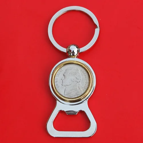 US 2002 Jefferson Nickel 5 Cent BU Uncirculated Coin Gold Silver Two Tone Key Chain Ring Bottle Opener NEW