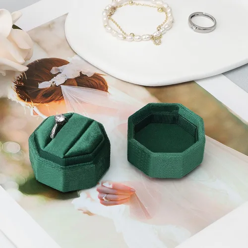 Vista 5 de DesignSter Caja de terciopelo octágono, soporte de exhibición de doble anillo vintage con tapa desmontable para propuesta, compromiso, boda