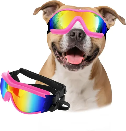 Vista 11 de PETLESO Gafas de sol para perros de razas grandes, juego de 2 piezas de protección UV negra y transparente, resistente al viento para perros