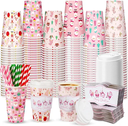 Vista 12 de Jingmore 48 juegos de tazas de café de papel desechables de 16 onzas con tapas, fundas para pajitas, vasos de papel para bebidas frías calientes