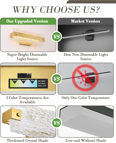 Vista 3 de Brushe - Lámpara de tocador de baño dorada de 16.5 pulgadas, 10 W, regulable, lámpara de baño LED sobre el espejo, moderna barra de cristal