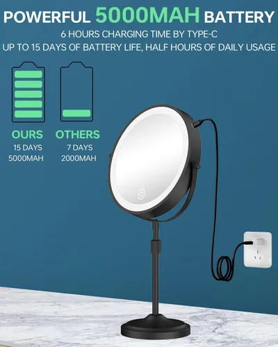 Vista 3 de Espejo de maquillaje iluminado de 9 pulgadas con aumento de 1X y 10X, espejo de tocador con aumento LED recargable de 5000mAh con luces, 3
