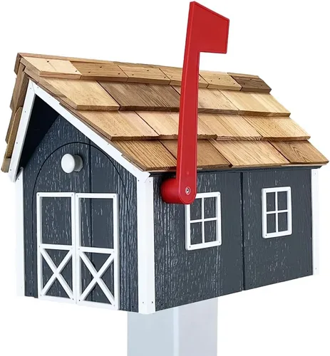 Vista 18 de Buzón de madera estilo «amish» con techo de cedro de Peaceful Classics con ventana y molduras de puerta, buzones artesanales para exterior, buzones