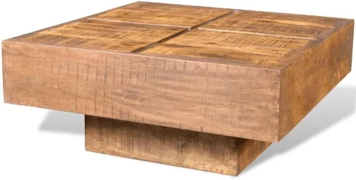 Vista 5 de Mesa auxiliar de madera maciza de mango marrón, mesa auxiliar cuadrada con acabado antiguo para sala de estar, mesa baja duradera de centro