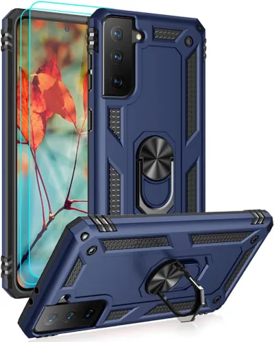 Vista 10 de Androgate Funda compatible con Samsung Galaxy S21 FE 5G con protectores de pantalla HD, soporte de anillo de metal de grado militar, prueba de Negro